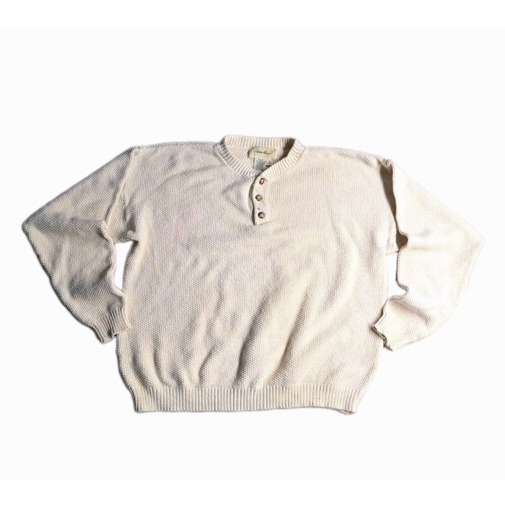 Vintage 90s Y2K Eddie Bauer Chunky Popcorn Knit Henley Sweater Cream Mens L